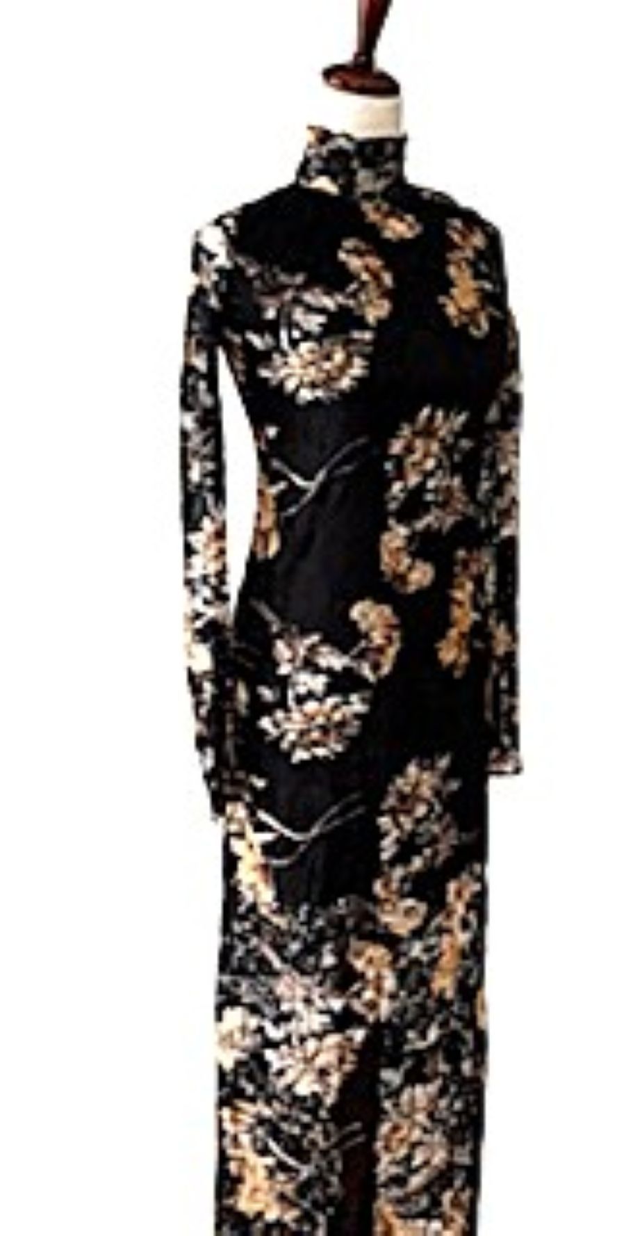 Dresses: Floral-Print Lace Long-Sleeve Mock-Neck Midi Dress (Black)