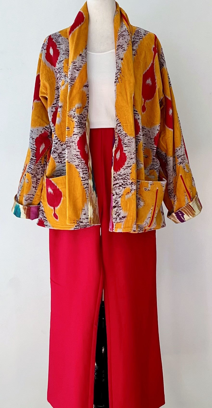 Luxurious Printed Velvet Jacket with Indian Silk Sari Lining