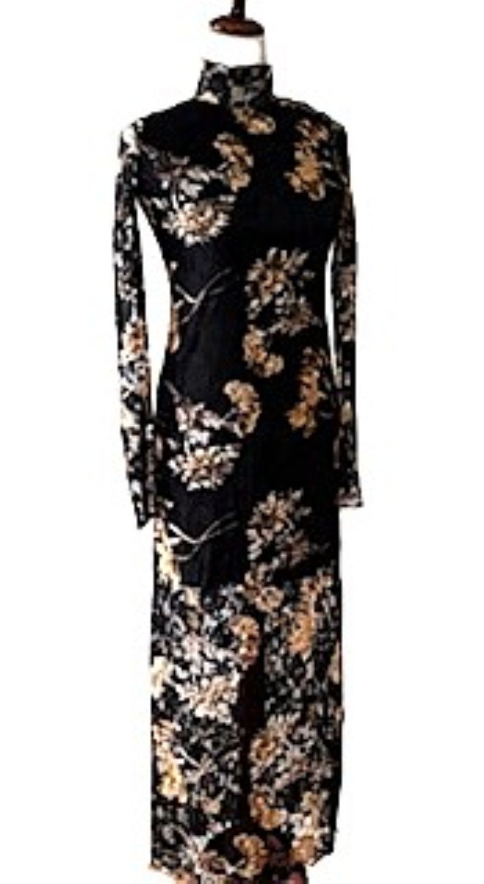 Dresses: Floral-Print Lace Long-Sleeve Mock-Neck Midi Dress (Black)