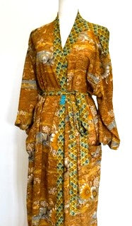 Top of the Line Silk Kimono Duster Mixed Print (Olive/Bronze)