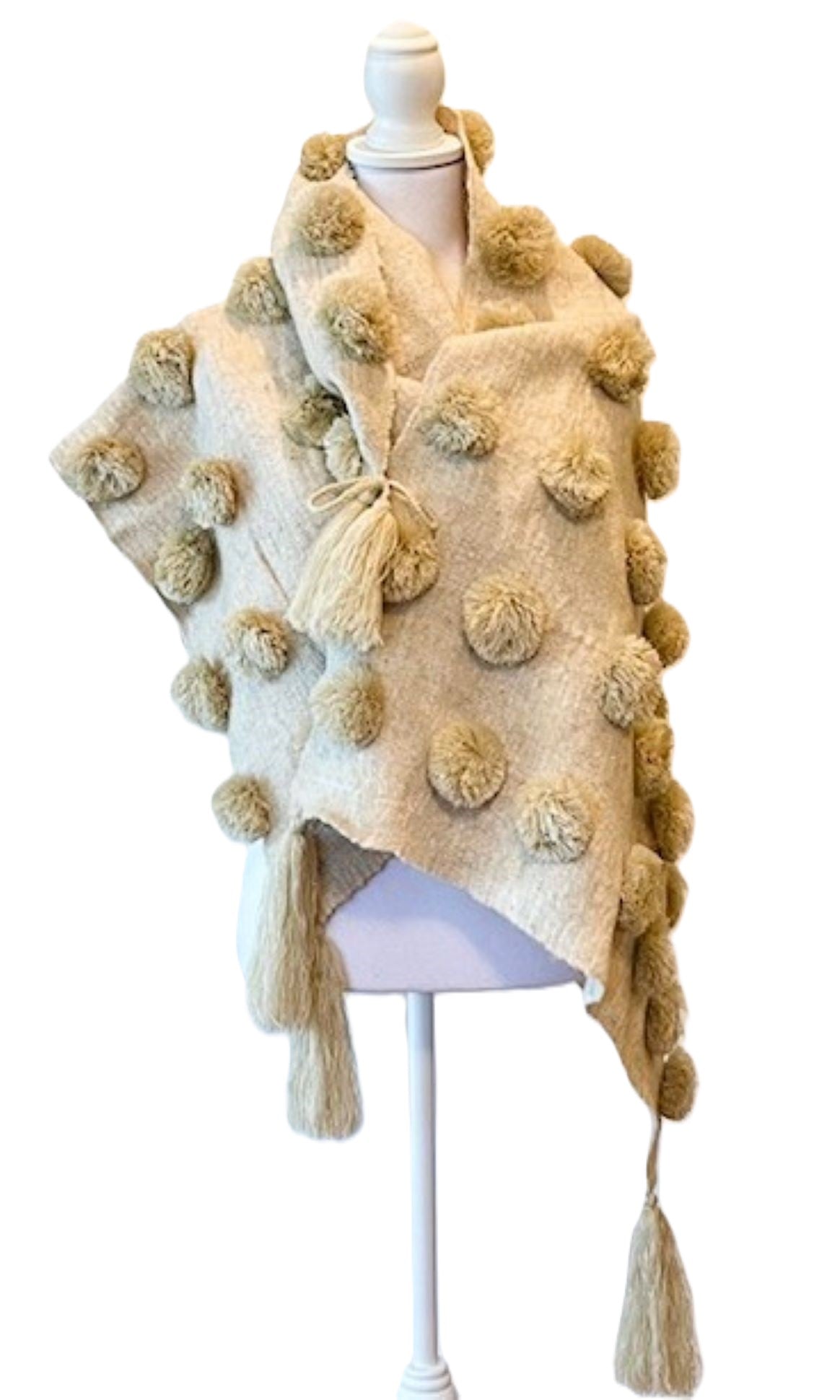 Pom Poms & Tassels Vintage (Authenticated)  Wool Shawl. Two Colors. (Oatmeal or Black)