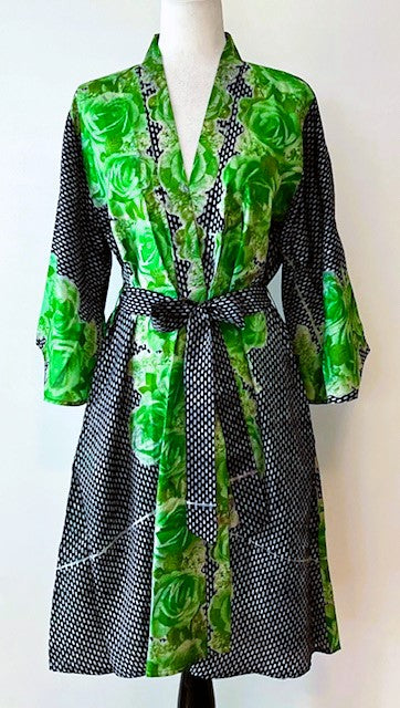 Cape Sleeve Silk Kimono Duster Dress : Hot New Style  (Green and Black)