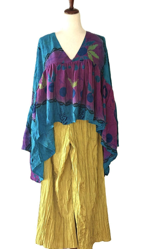 Kantha Bae Crepe Sari Bell Sleeve Golddust Crop (Royal Purple)