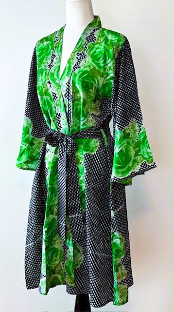 Cape Sleeve Silk Kimono Duster Dress : Hot New Style  (Green and Black)