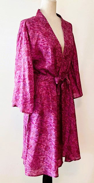 Cape Sleeve Silk Kimono Duster Dress : Hot New Style  (Raspberry)