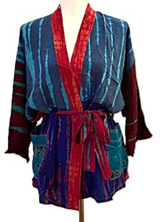 The Accessory In Demand, A Short Silk Kimono Jacket.  A Tie Dye Beauty (Blue)