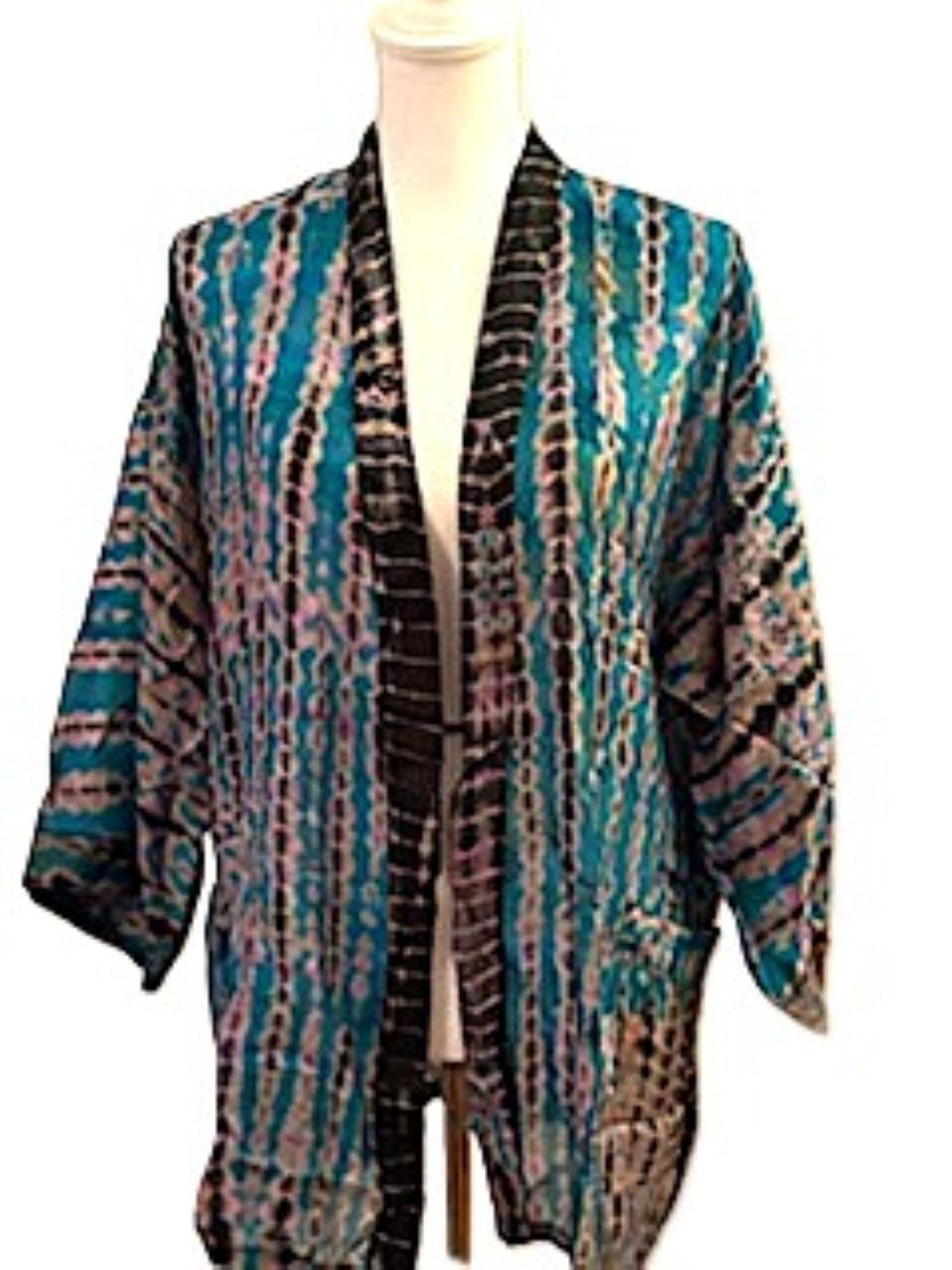The Accessory In Demand, A Short Silk Kimono Jacket.  A Tie Dye Beauty (Blue)