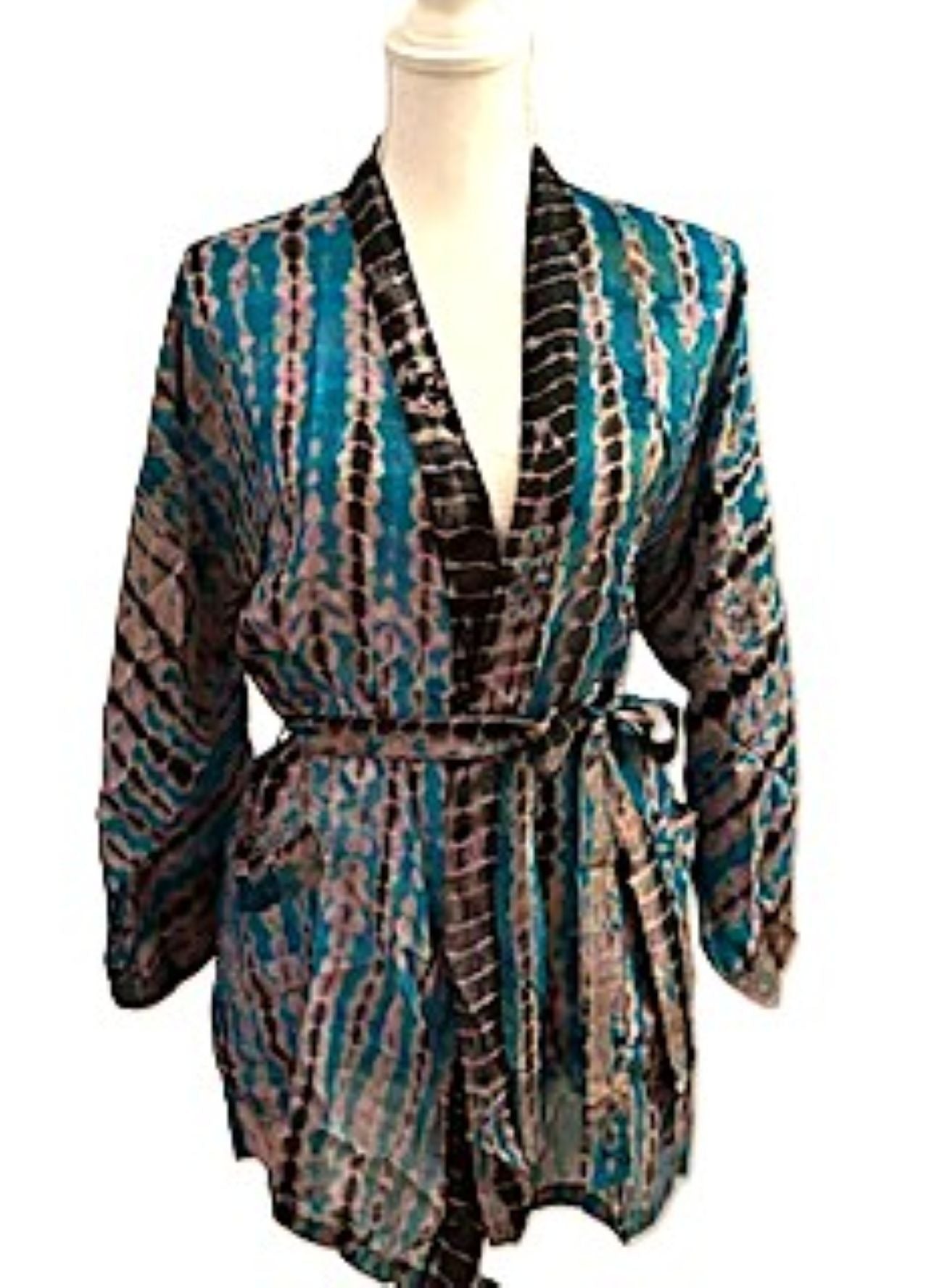 The Accessory In Demand, A Short Silk Kimono Jacket.  A Tie Dye Beauty (Blue)