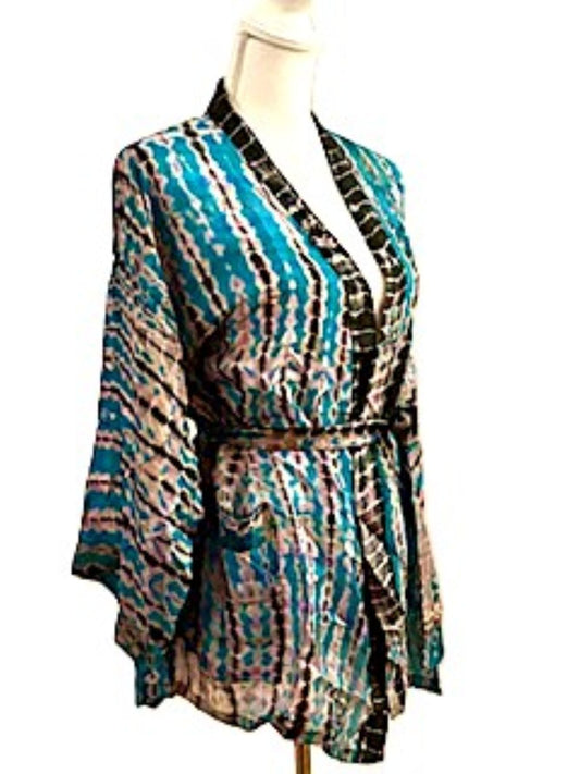 The Accessory In Demand, A Short Silk Kimono Jacket.  A Tie Dye Beauty (Blue)