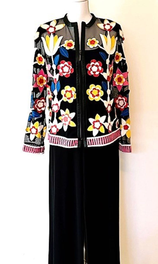 Fully Embroidered Designer Jacket Embellished With Colorful Leather Flowers