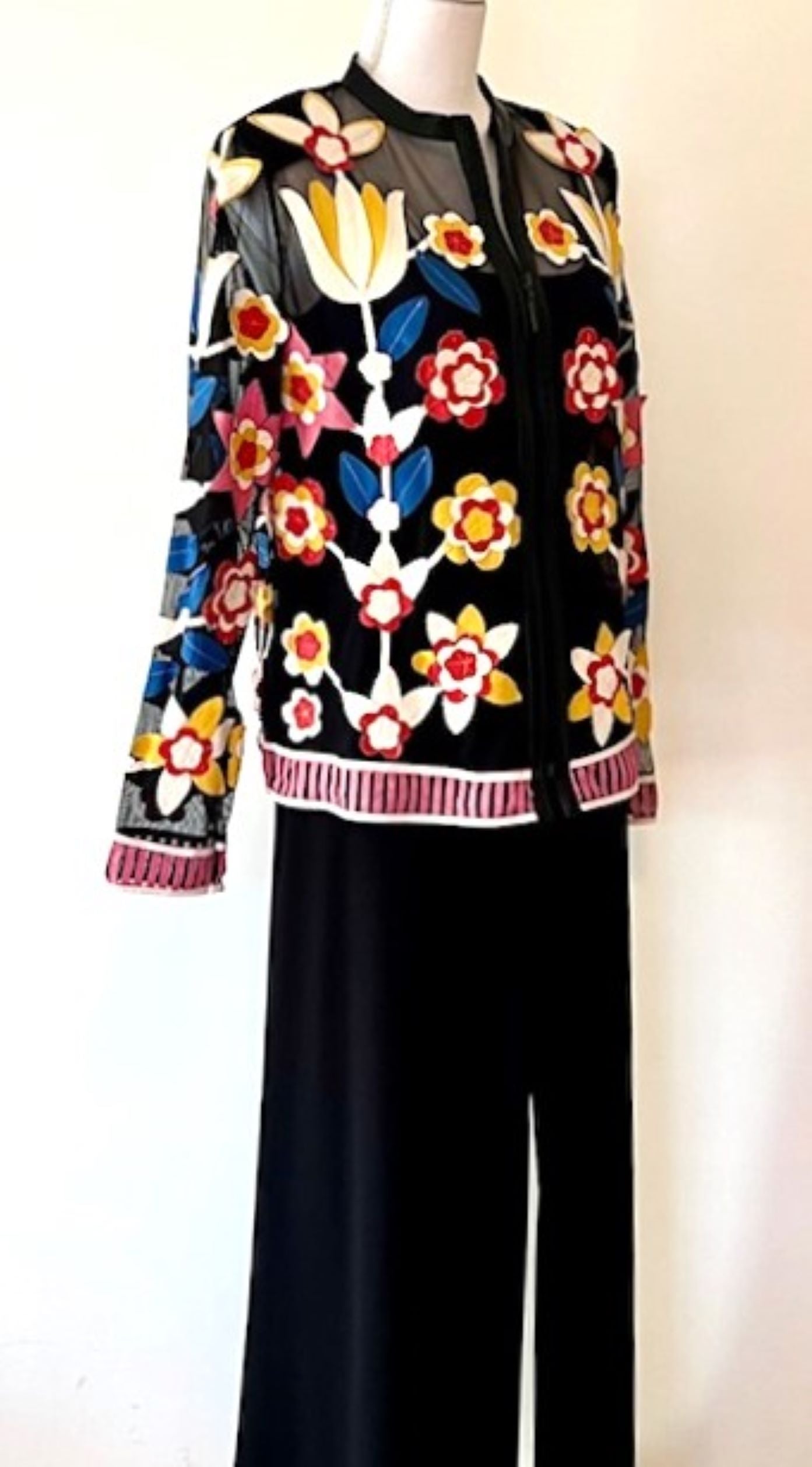 Fully Embroidered Designer Jacket Embellished With Colorful Leather Flowers