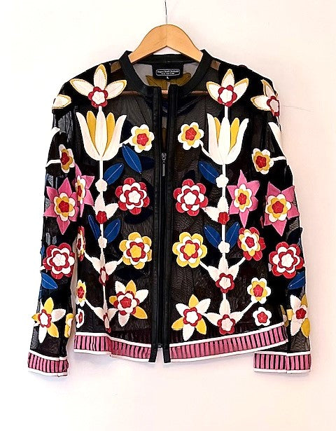 Fully Embroidered Designer Jacket Embellished With Colorful Leather Flowers