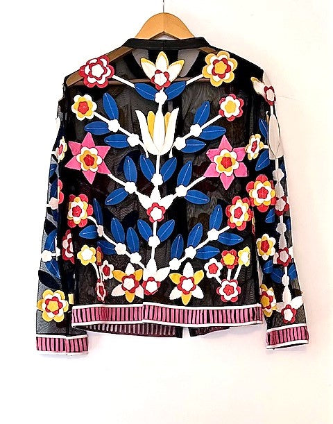 Fully Embroidered Designer Jacket Embellished With Colorful Leather Flowers