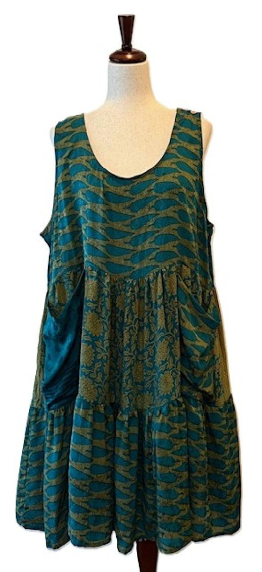 Kantha Bae Silk Meadow Mini Dress. (Emerald)