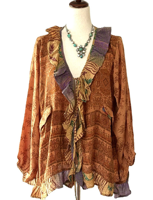 Kantha Bae Crepe Sari Ruffle Daisy Blouse (Bronze)