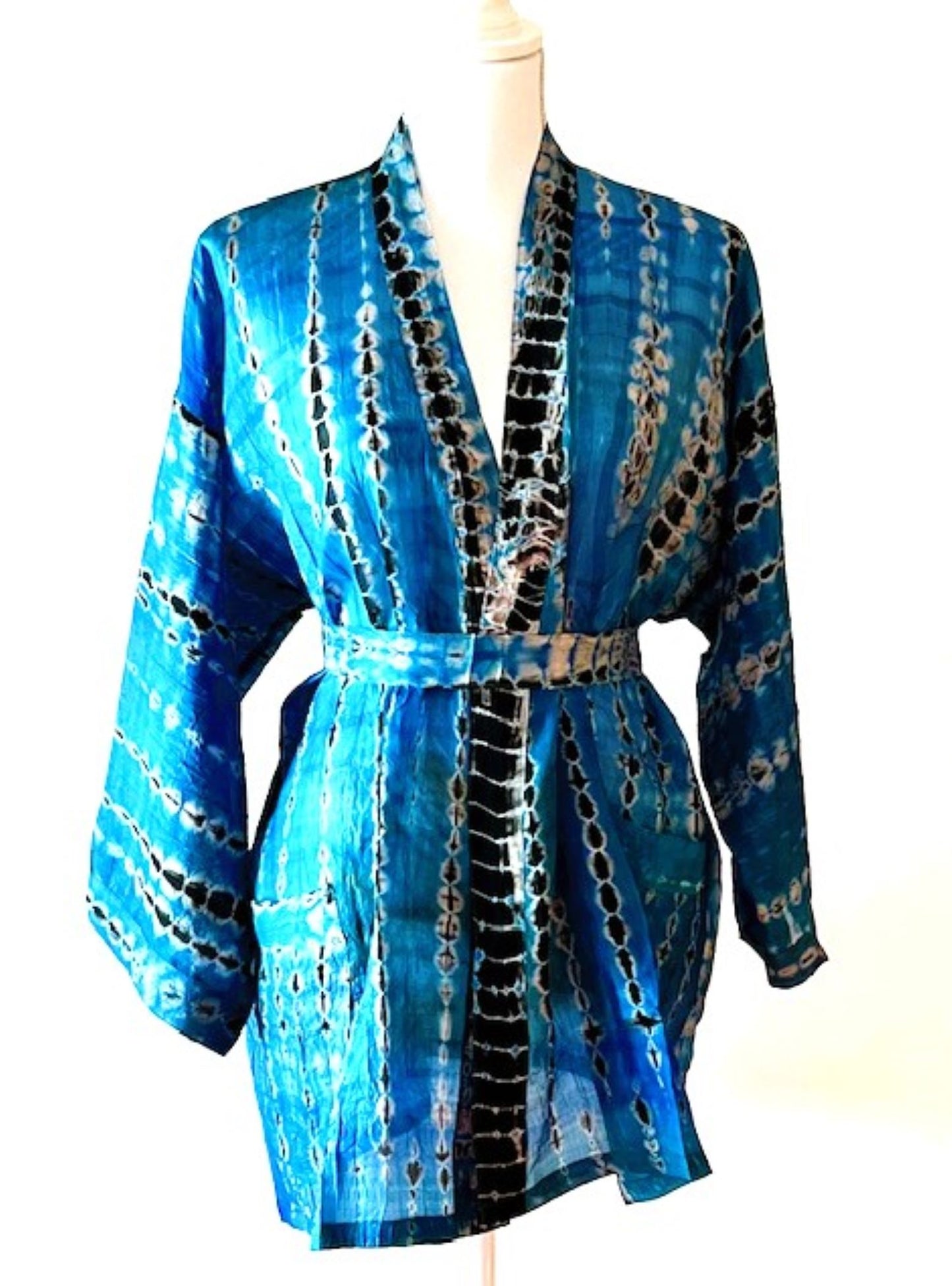 The Accessory In Demand, A Short Silk Kimono Jacket.  A Tie Dye Beauty In Turquoise