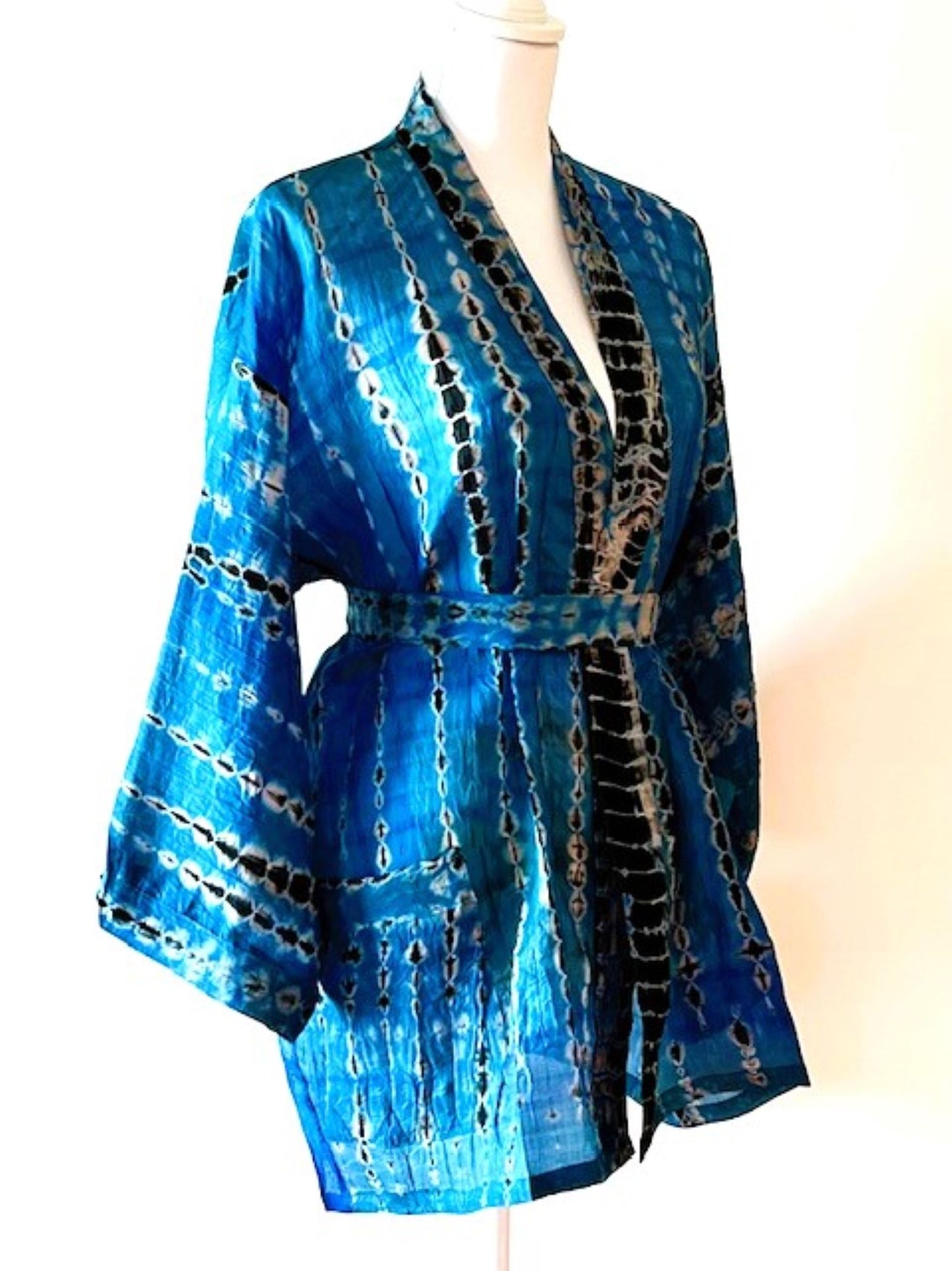 The Accessory In Demand, A Short Silk Kimono Jacket.  A Tie Dye Beauty In Turquoise