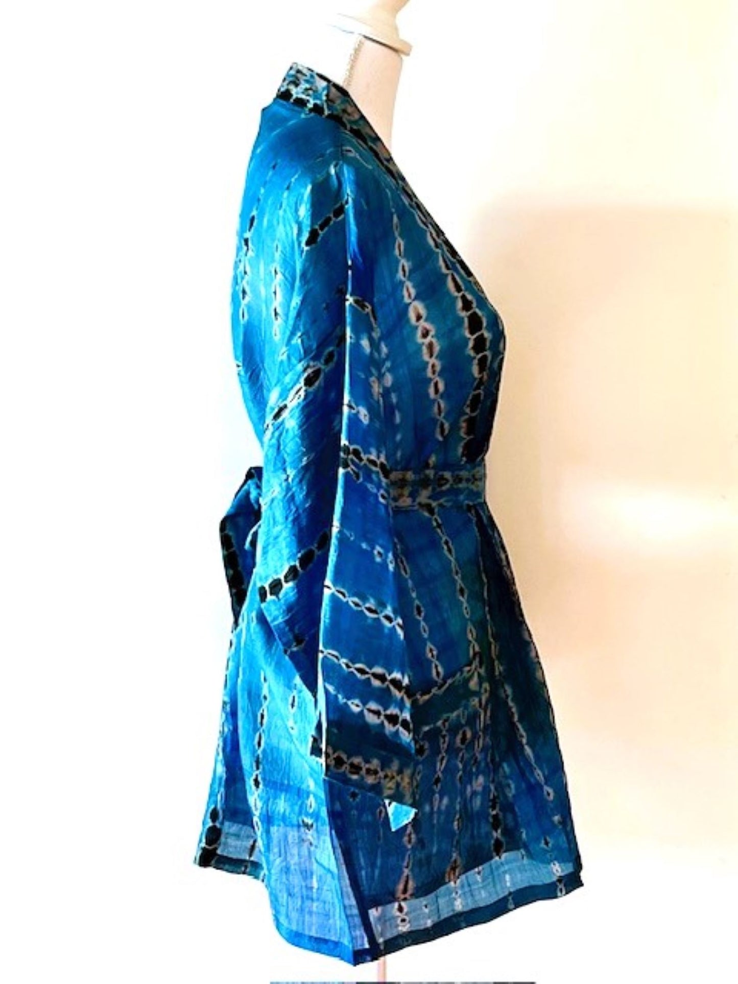 The Accessory In Demand, A Short Silk Kimono Jacket.  A Tie Dye Beauty In Turquoise