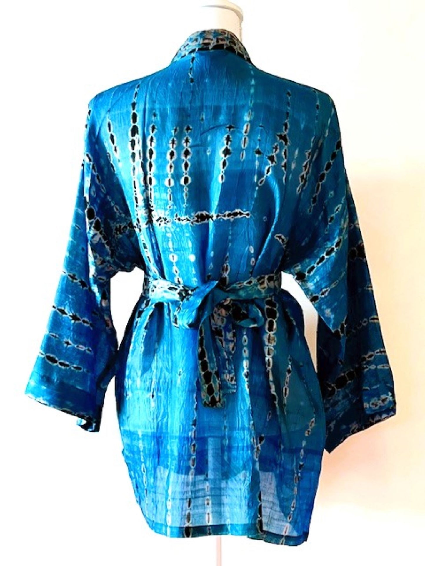 The Accessory In Demand, A Short Silk Kimono Jacket.  A Tie Dye Beauty In Turquoise