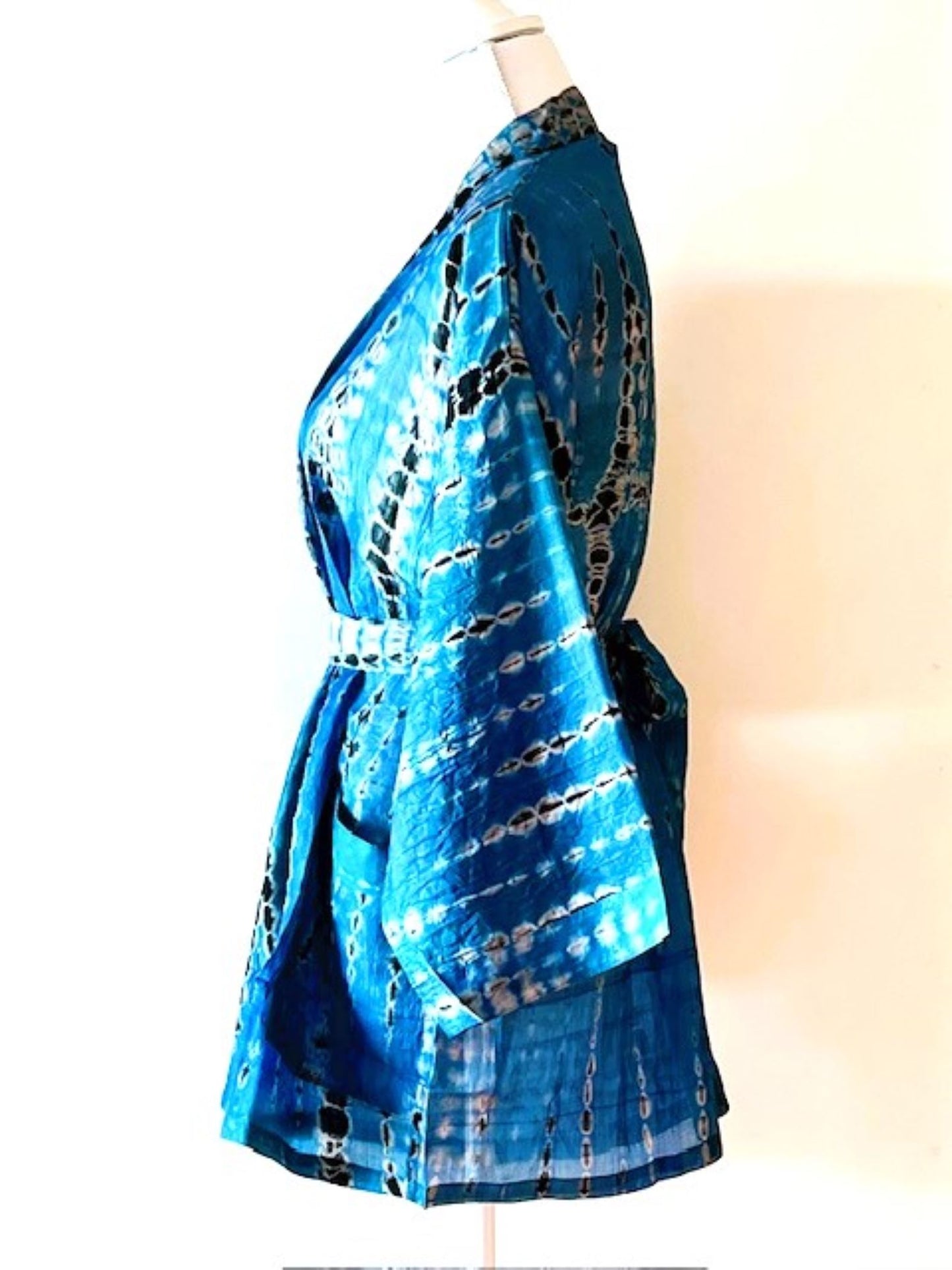 The Accessory In Demand, A Short Silk Kimono Jacket.  A Tie Dye Beauty In Turquoise