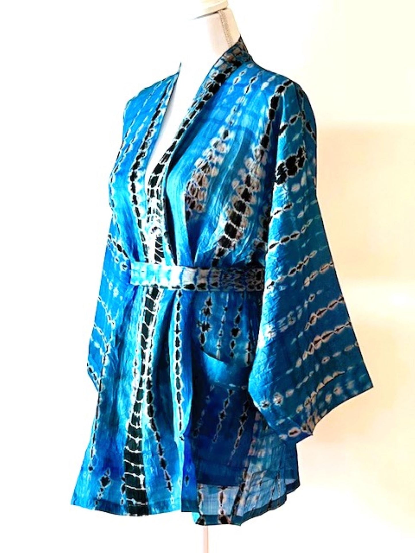 The Accessory In Demand, A Short Silk Kimono Jacket.  A Tie Dye Beauty In Turquoise