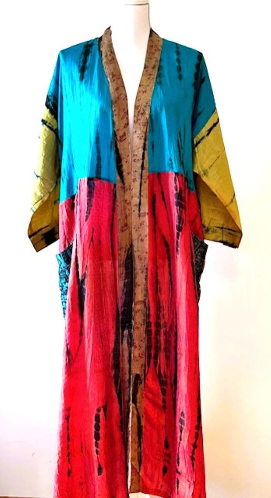 Luxurious Colorblock Silk Kimono Duster Dress