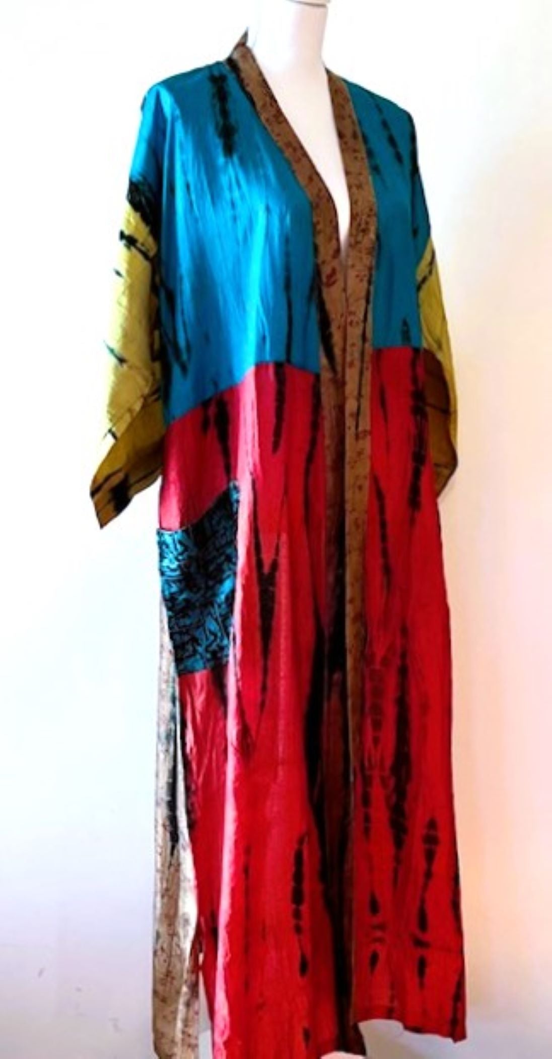 Luxurious Colorblock Silk Kimono Duster Dress