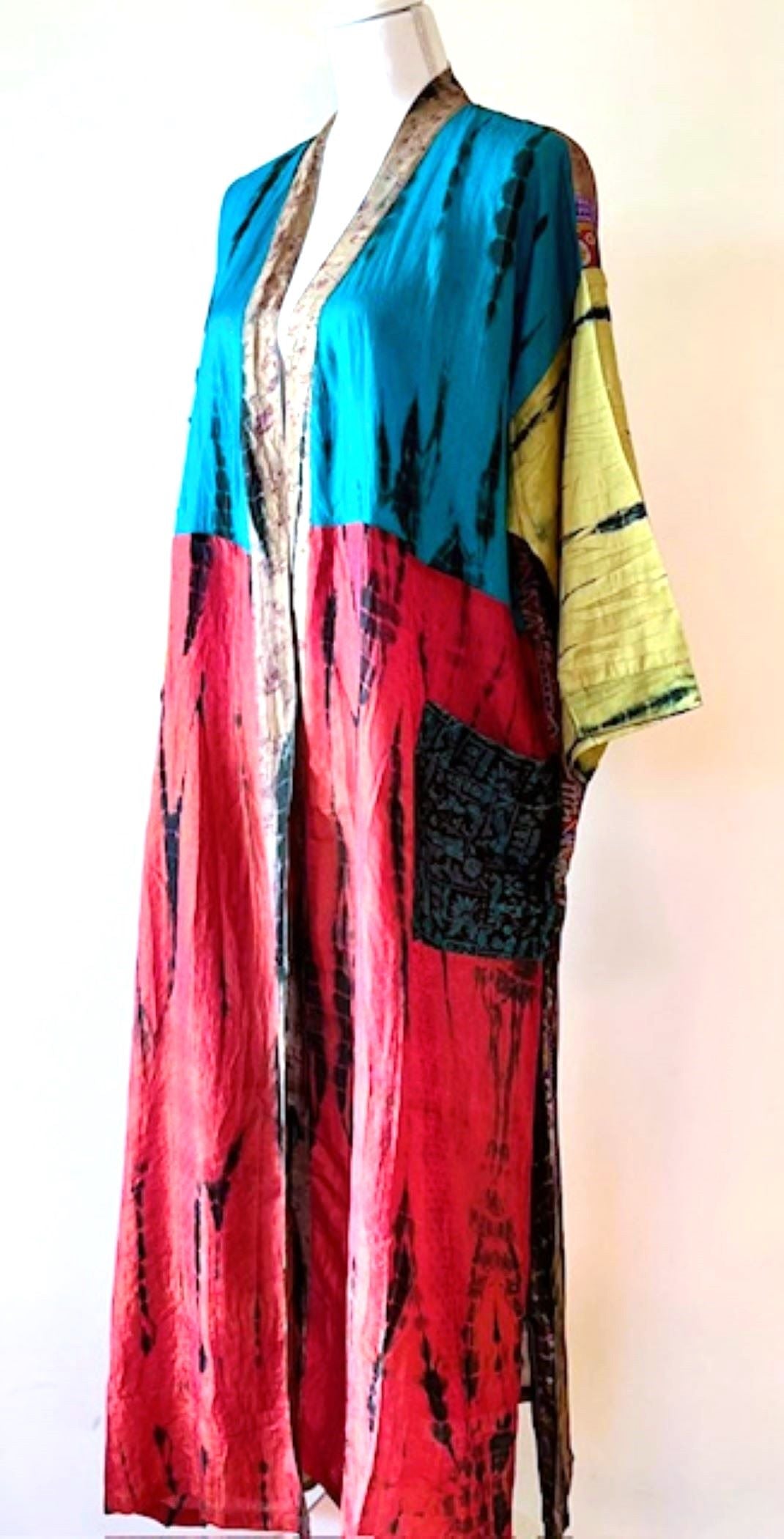 Luxurious Colorblock Silk Kimono Duster Dress