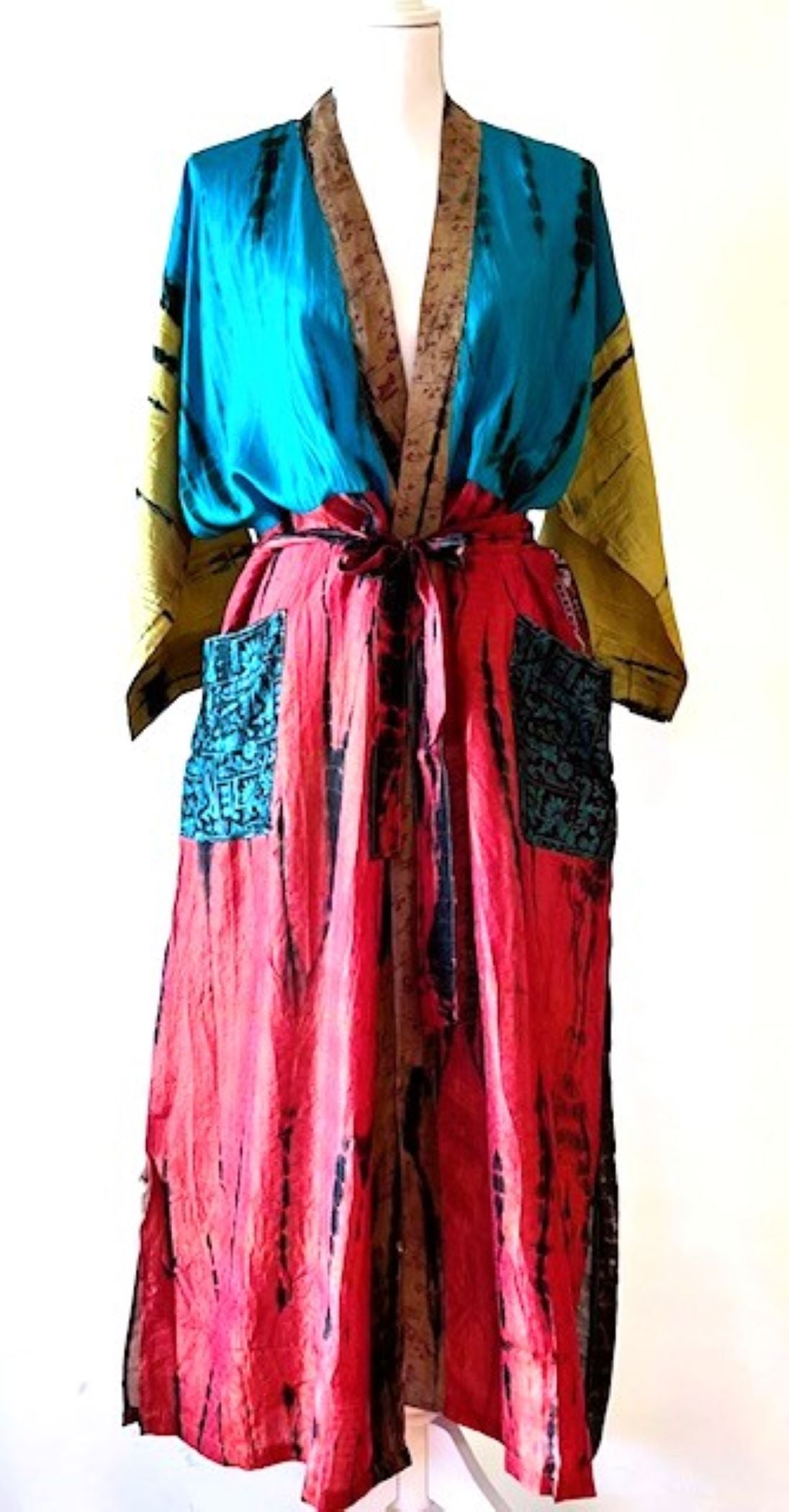 Luxurious Colorblock Silk Kimono Duster Dress