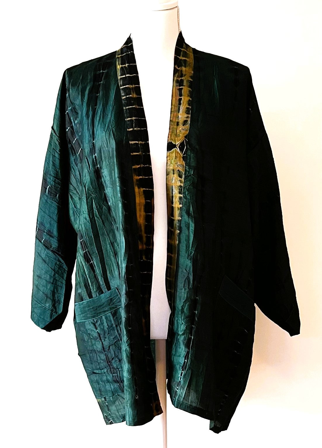 The Accessory In Demand, A Short Silk Kimono Jacket.  A Beauty In Forest Green