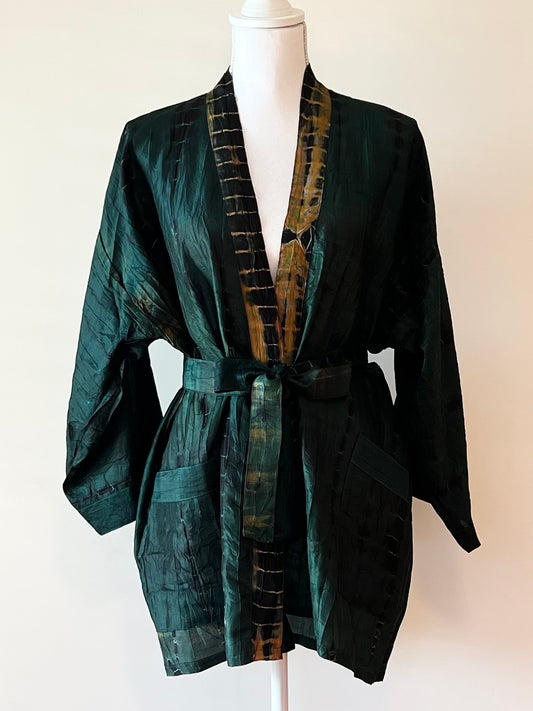 The Accessory In Demand, A Short Silk Kimono Jacket.  A Beauty In Forest Green