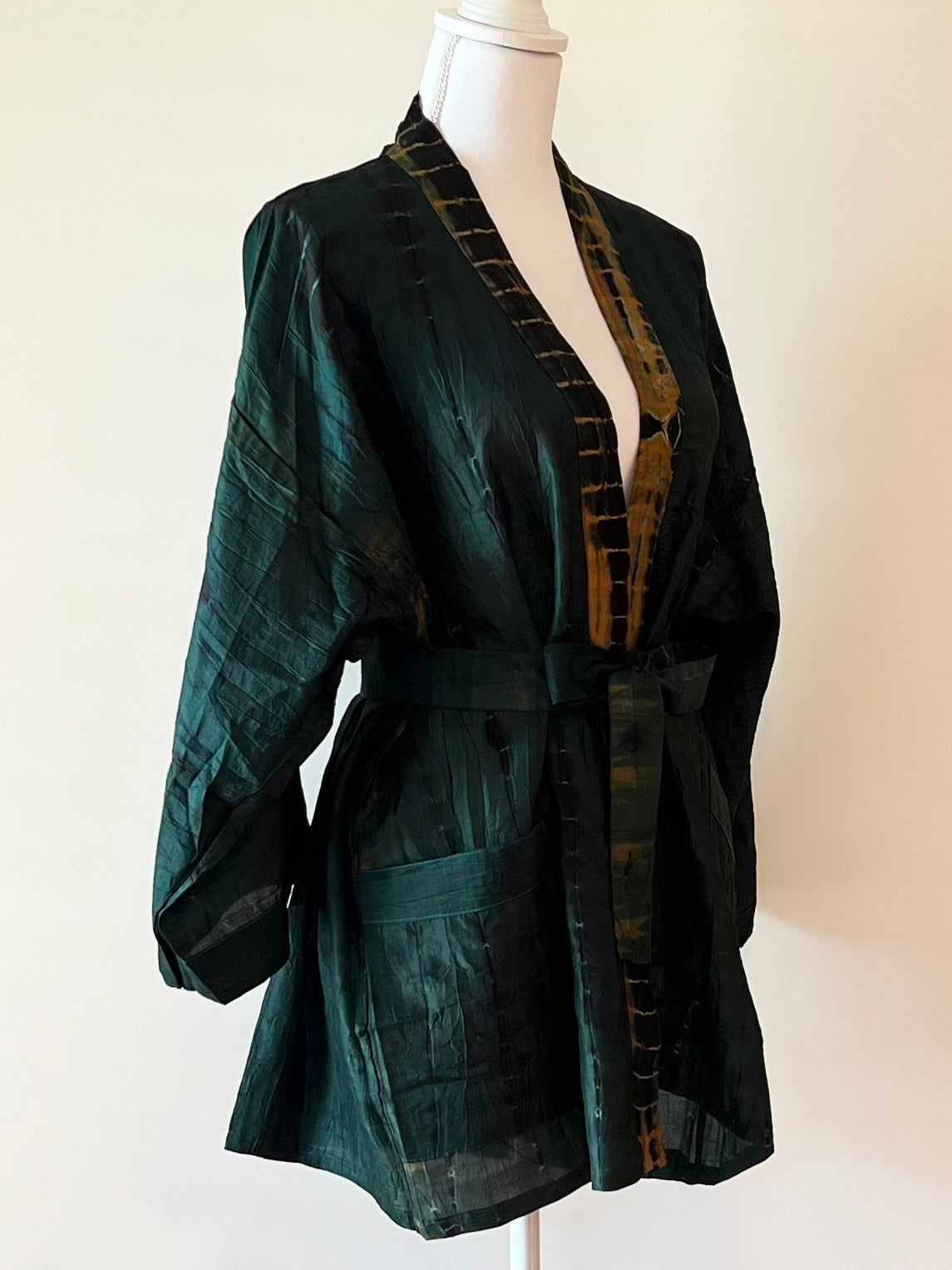 The Accessory In Demand, A Short Silk Kimono Jacket.  A Beauty In Forest Green