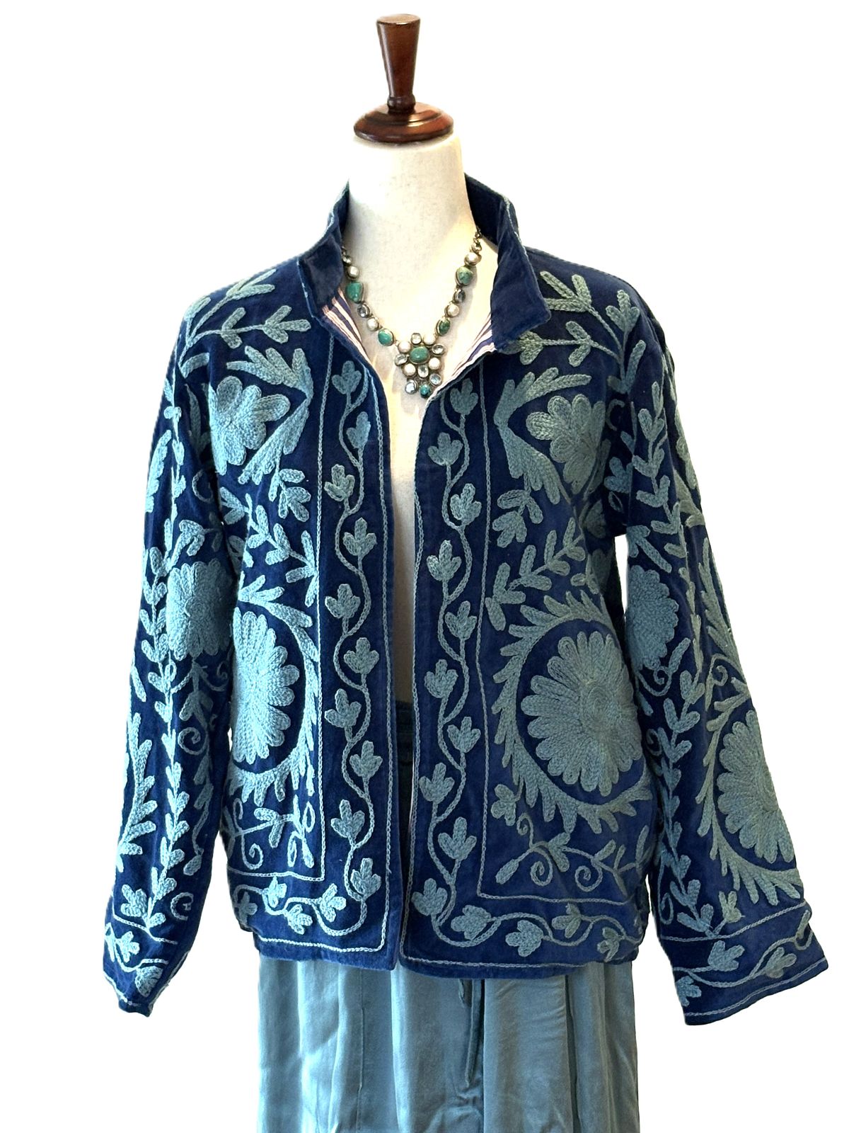 Jacket, Wearable Art In This Hand Embroidered Short Suzani Embroidered Top (Navy Turquoise)