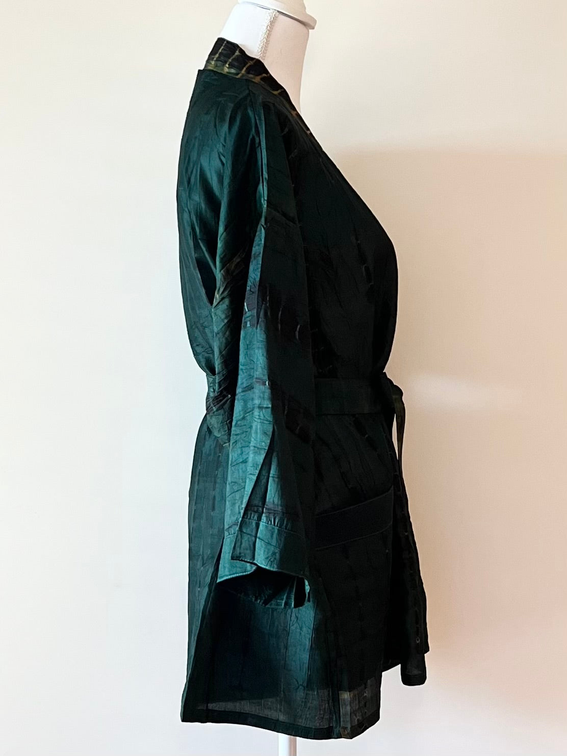 The Accessory In Demand, A Short Silk Kimono Jacket.  A Beauty In Forest Green