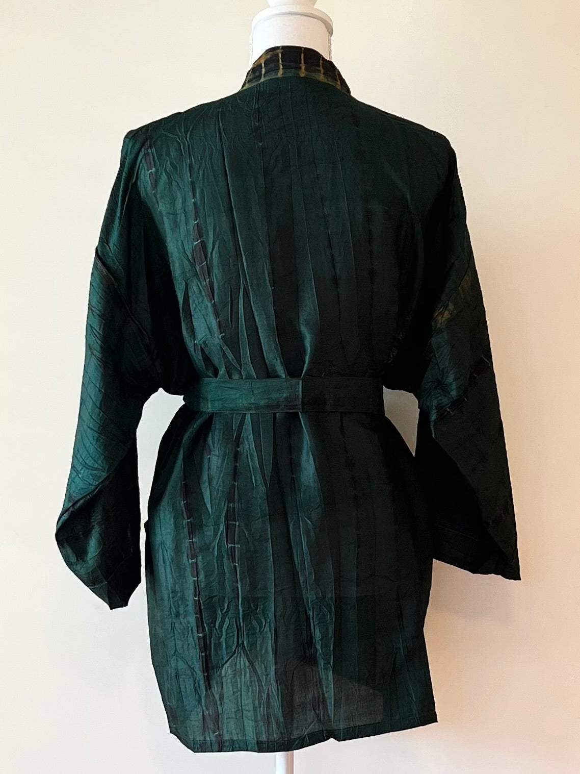 The Accessory In Demand, A Short Silk Kimono Jacket.  A Beauty In Forest Green