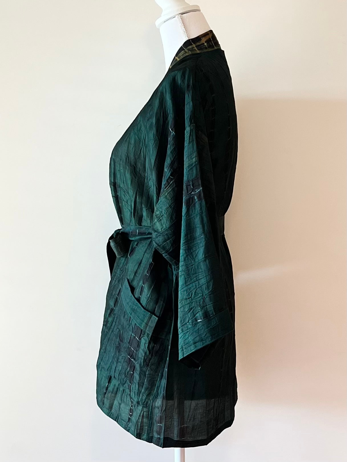 The Accessory In Demand, A Short Silk Kimono Jacket.  A Beauty In Forest Green