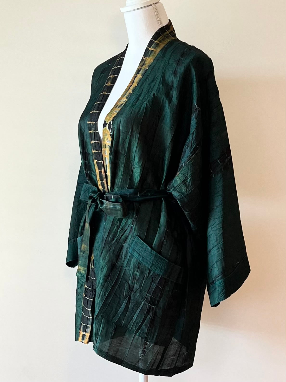 The Accessory In Demand, A Short Silk Kimono Jacket.  A Beauty In Forest Green