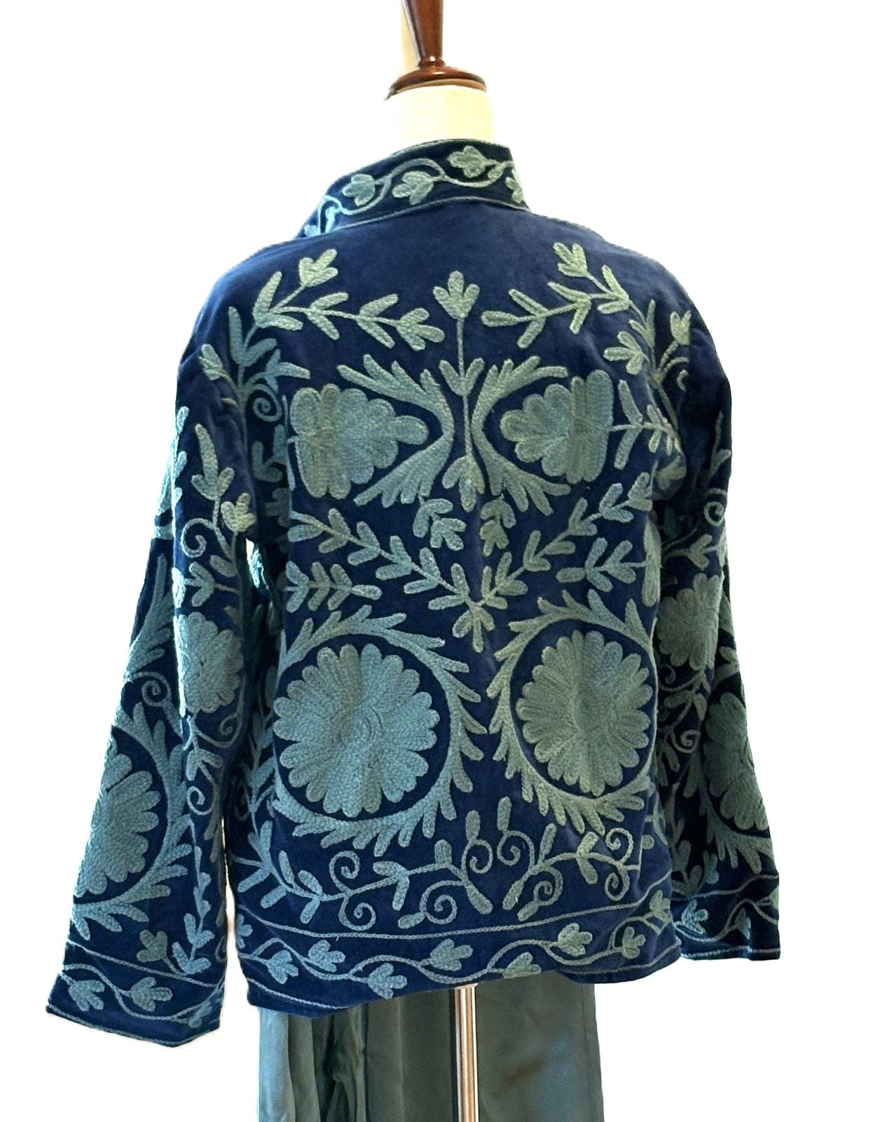 Jacket, Wearable Art In This Hand Embroidered Short Suzani Embroidered Top (Navy Turquoise)