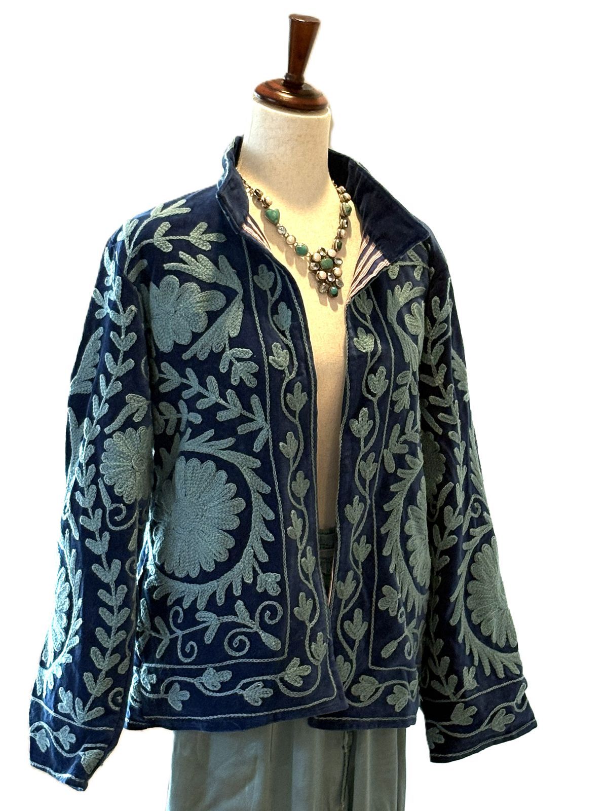 Jacket, Wearable Art In This Hand Embroidered Short Suzani Embroidered Top (Navy Turquoise)