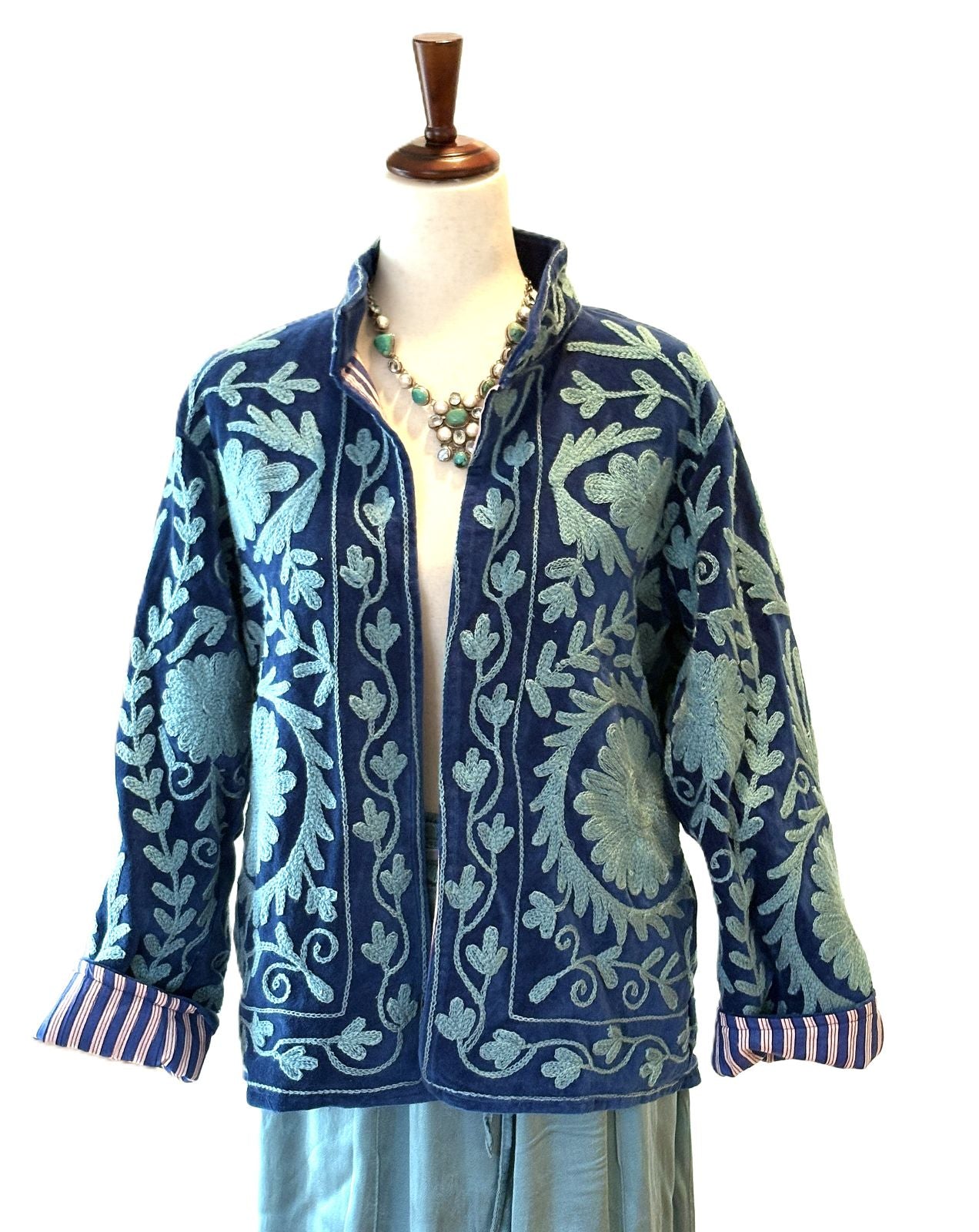 Jacket, Wearable Art In This Hand Embroidered Short Suzani Embroidered Top (Navy Turquoise)
