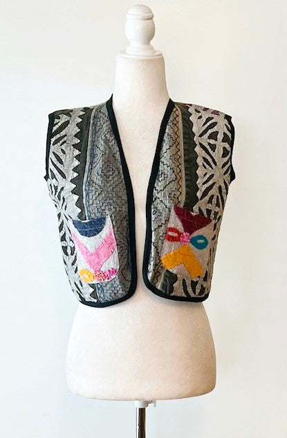 Patchwork Short Kantha Vest (Charcoal tones)