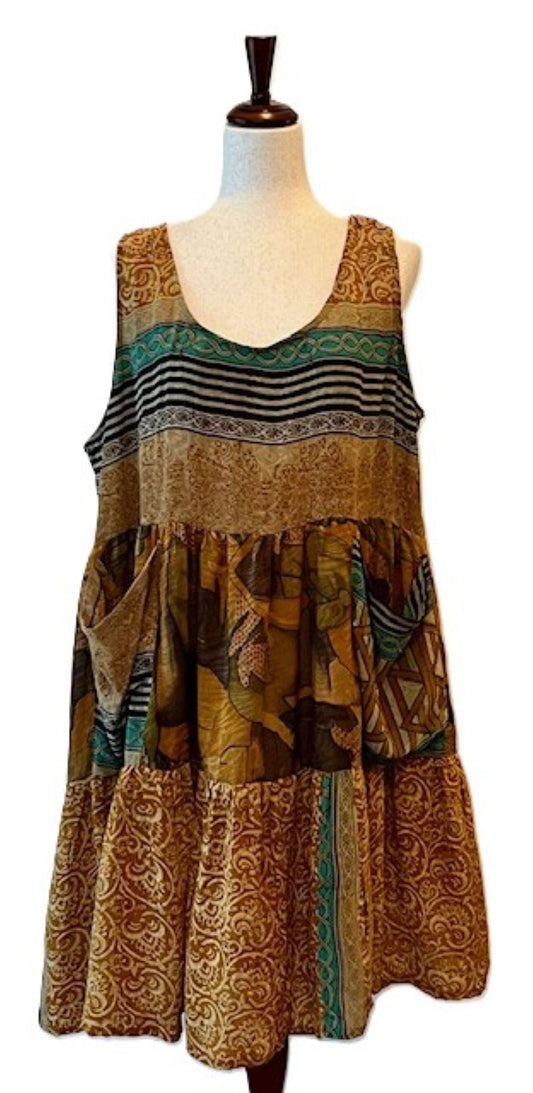 Kantha Bae Silk Meadow Mini Dress Twirls. (Brown)