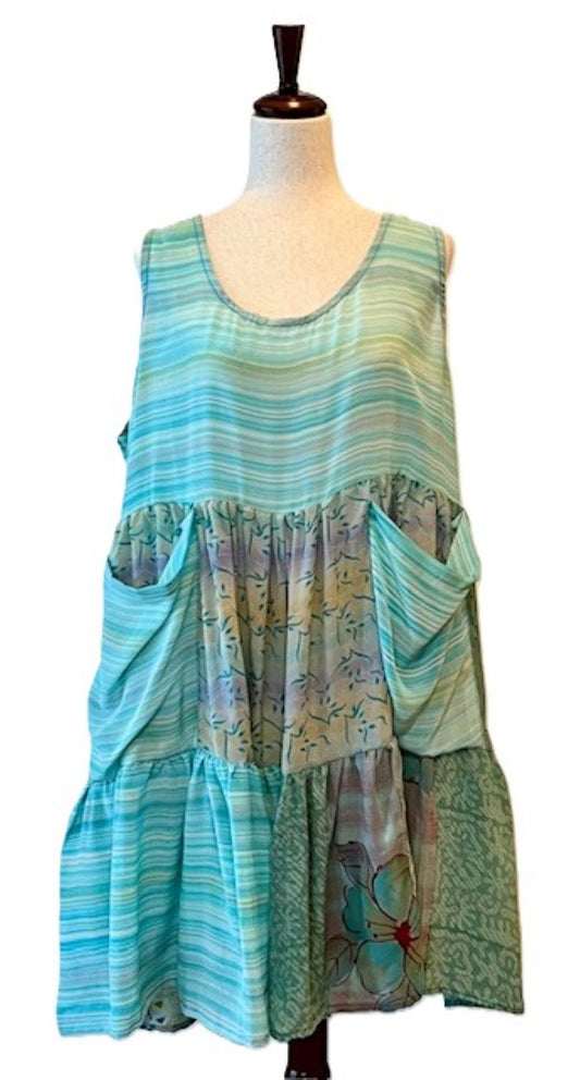 Kantha Bae Silk Meadow Mini Dress Twirls. (Sea Foam)