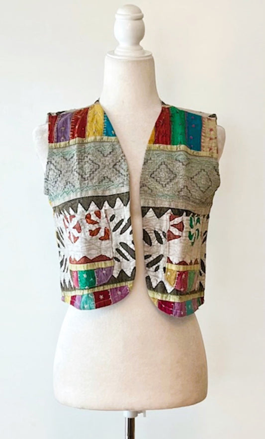 Patchwork Short Kantha Vest (Green tones)