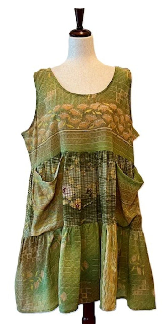 Kantha Bae Silk Meadow Mini Dress Twirls. (Light Green)