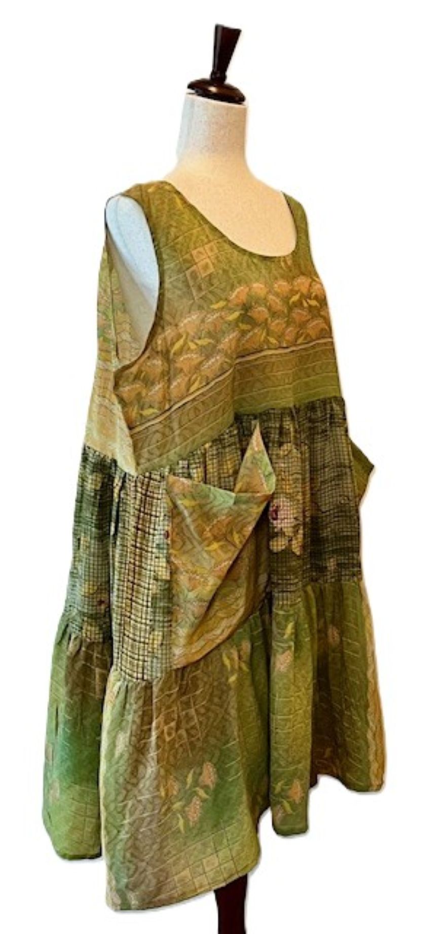 Kantha Bae Silk Meadow Mini Dress Twirls. (Light Green)