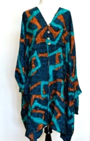 Geometric 4 Button Short Silk Tunic is Seasonless (Turquoise/Copper)