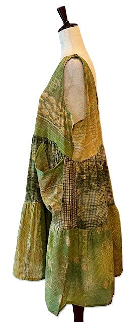 Kantha Bae Silk Meadow Mini Dress Twirls. (Light Green)