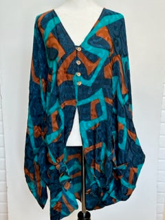 Geometric 4 Button Short Silk Tunic is Seasonless (Turquoise/Copper)