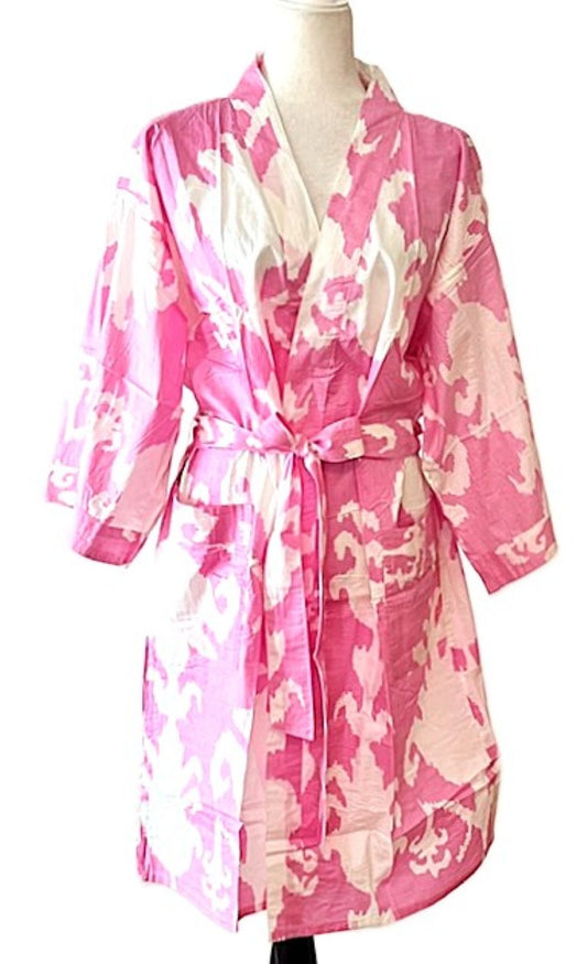 Pink Block Print Cotton Short Kimono Robe  Great Dress, Jacket or Coverup.